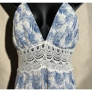 Blue White Floral Lace Waist Jumpsuit M | Coastal Cottagecore RomperDress
